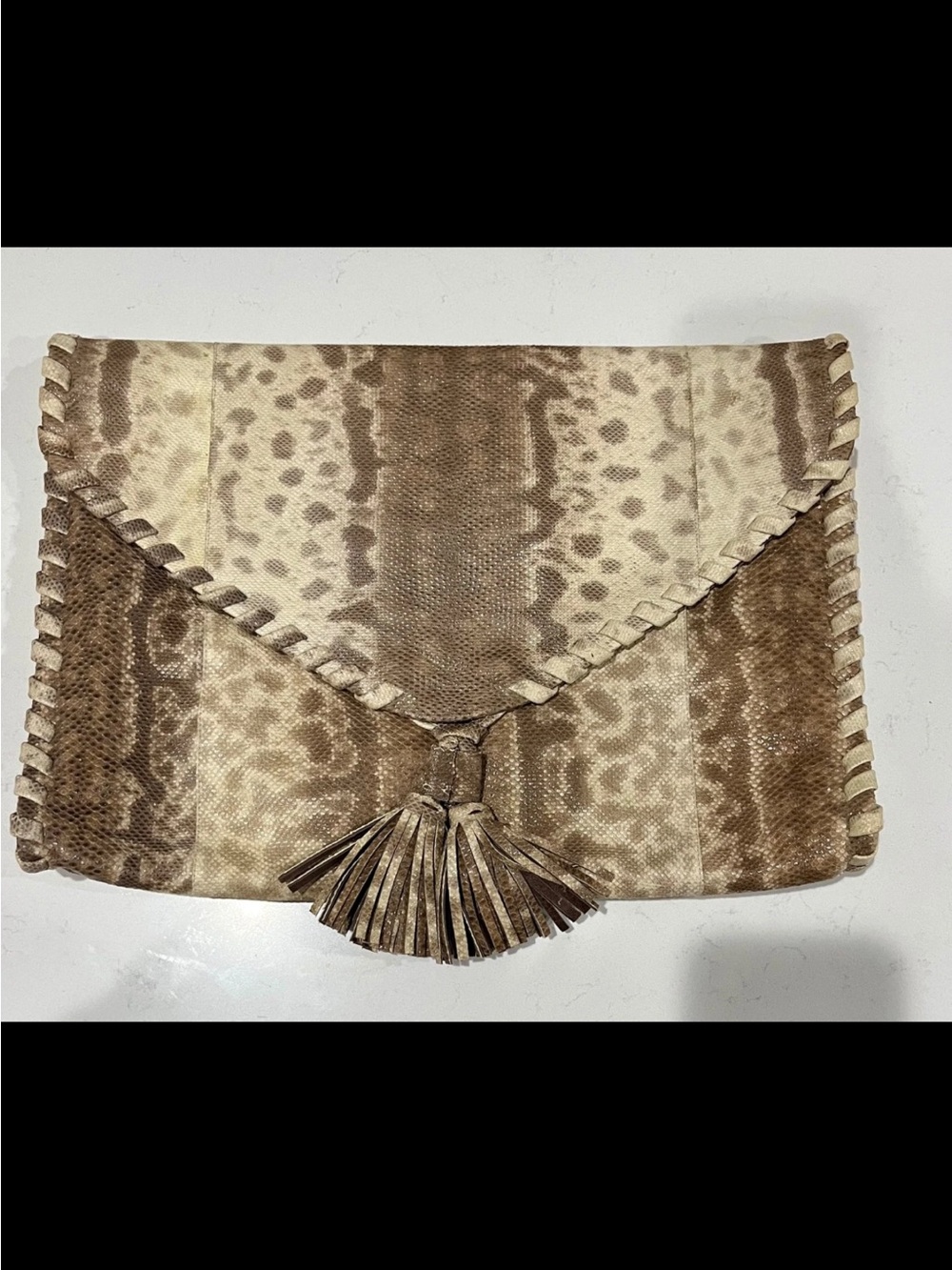 Vintage Christiansen Exotic Skins Python Snakeskin Patchwork Tassel Clutch 1970s